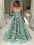 Green Spaghetti Straps Sweetheart Lace Tulle Prom Dress with Appliques LBQ1681
